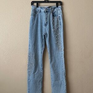 AKIRA Light Blue High Rise Jeans with Embellishments